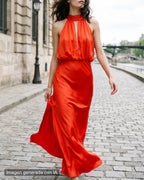 Vestido largo satinado naranja